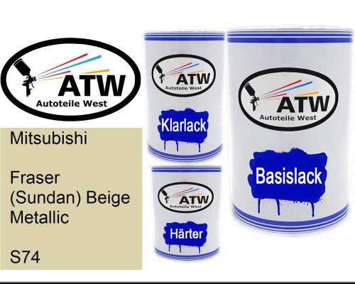 Mitsubishi, Fraser (Sundan) Beige Metallic, S74: 500ml Lackdose + 500ml Klarlack + 250ml Härter - Set, von ATW Autoteile West.